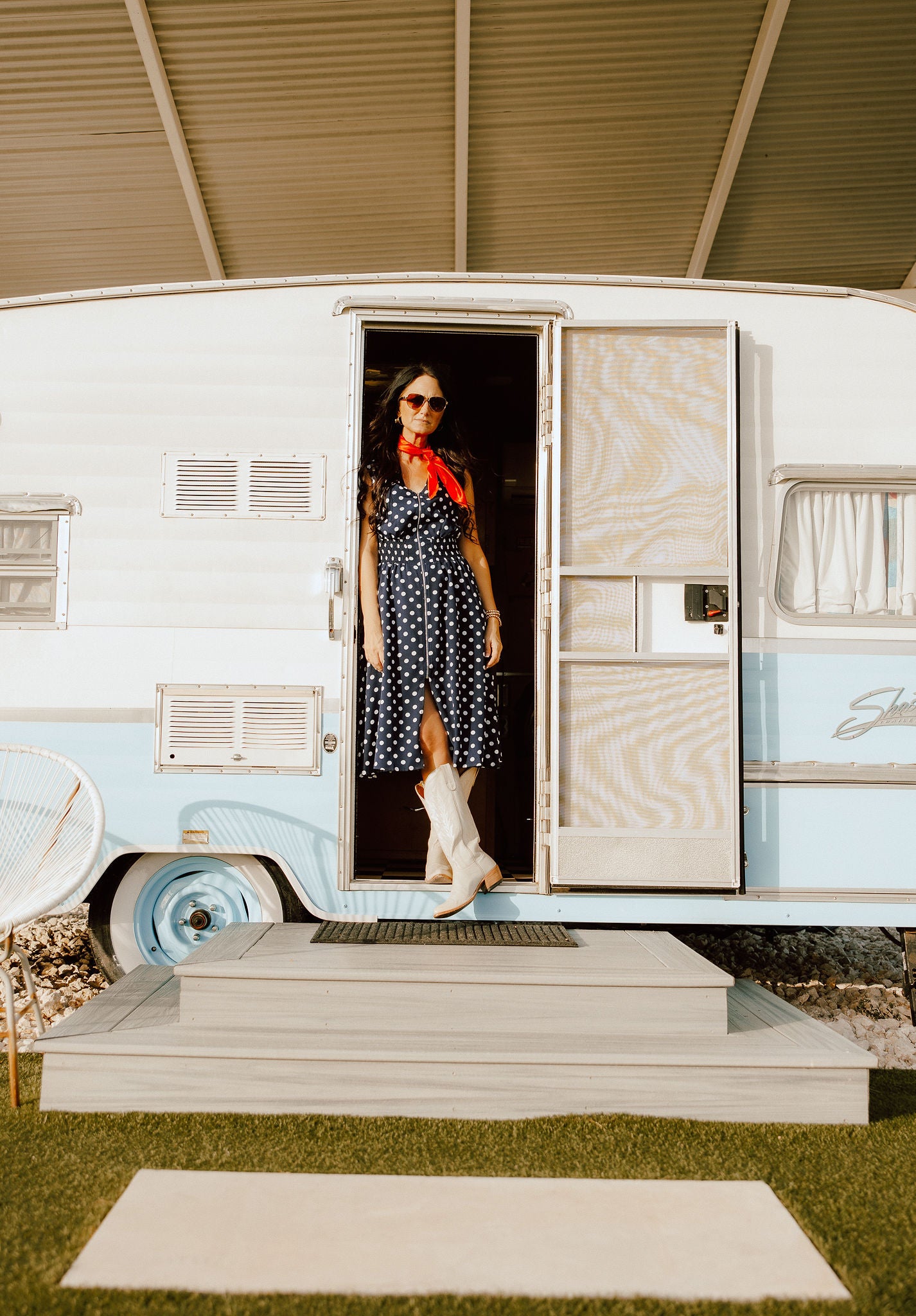 Navy and white polka dot dress