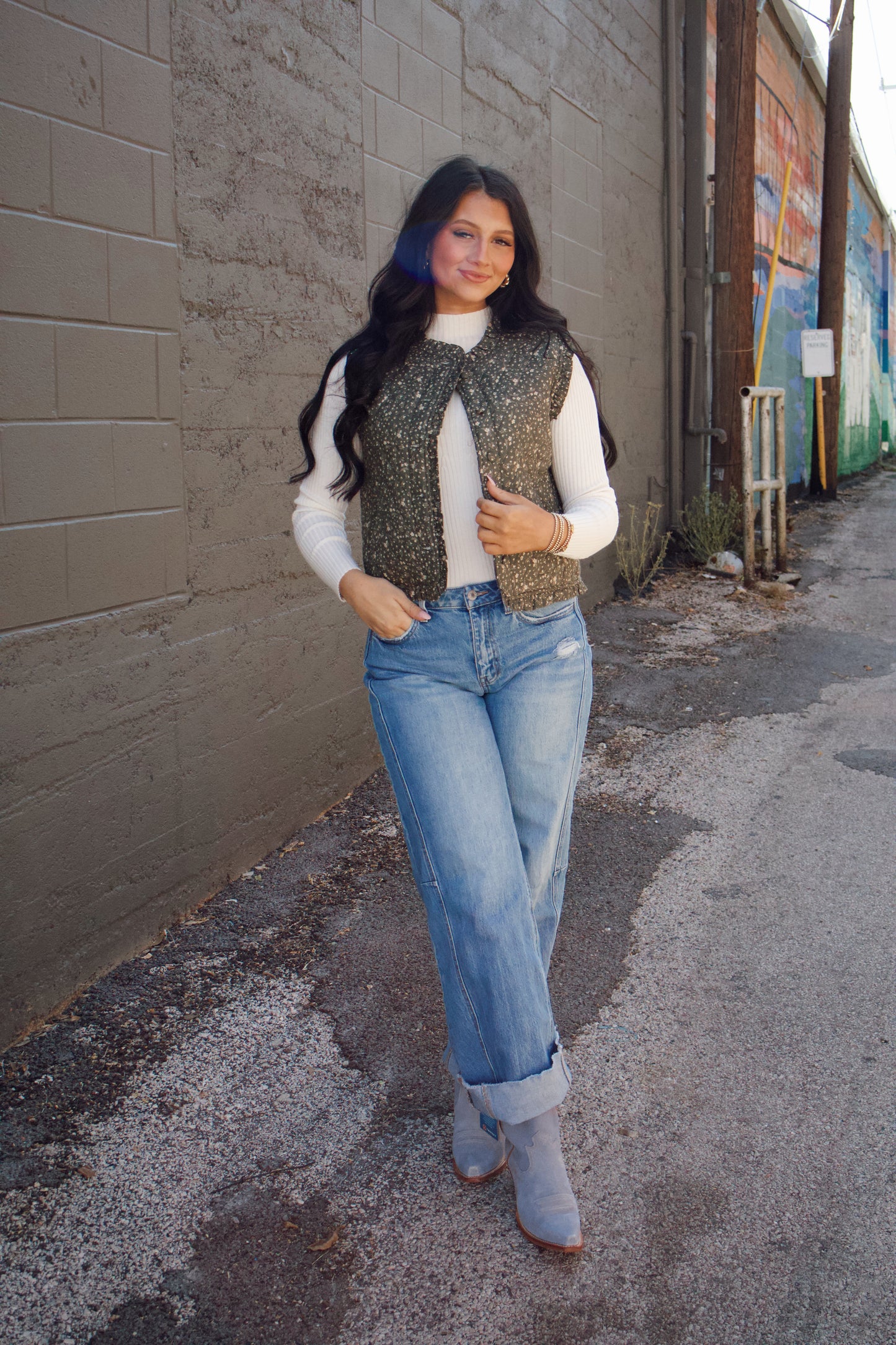 Check & Daisy Print Ruffle Vest