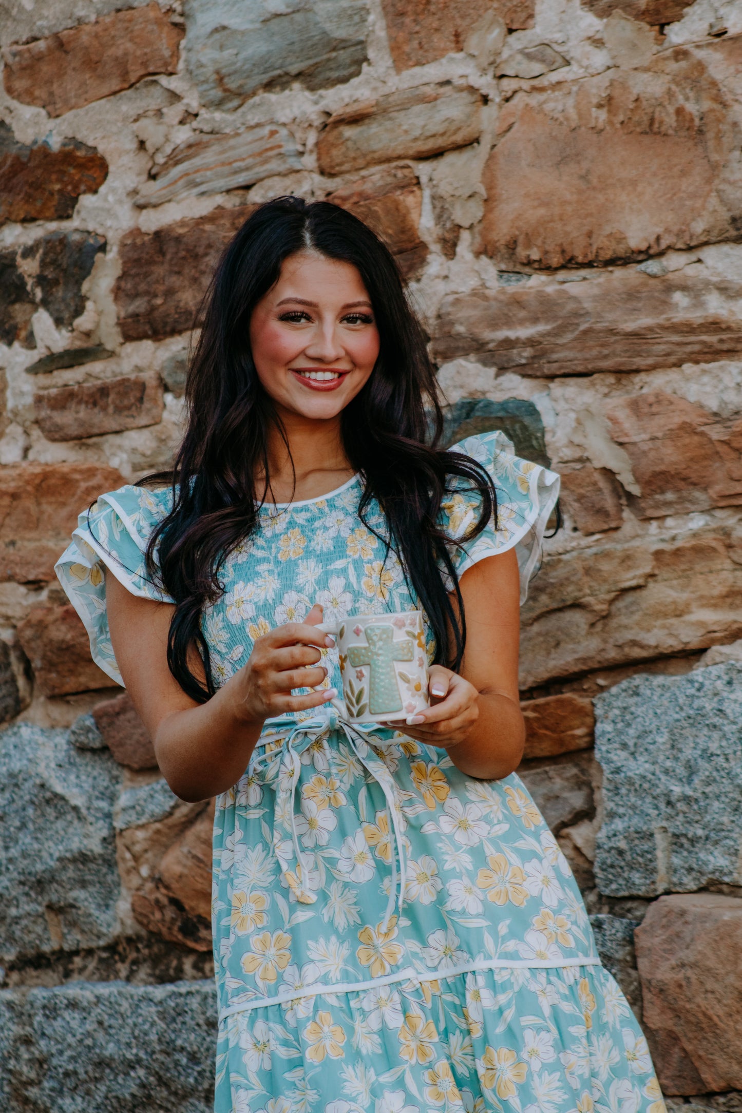 blue and yellow floral dress
