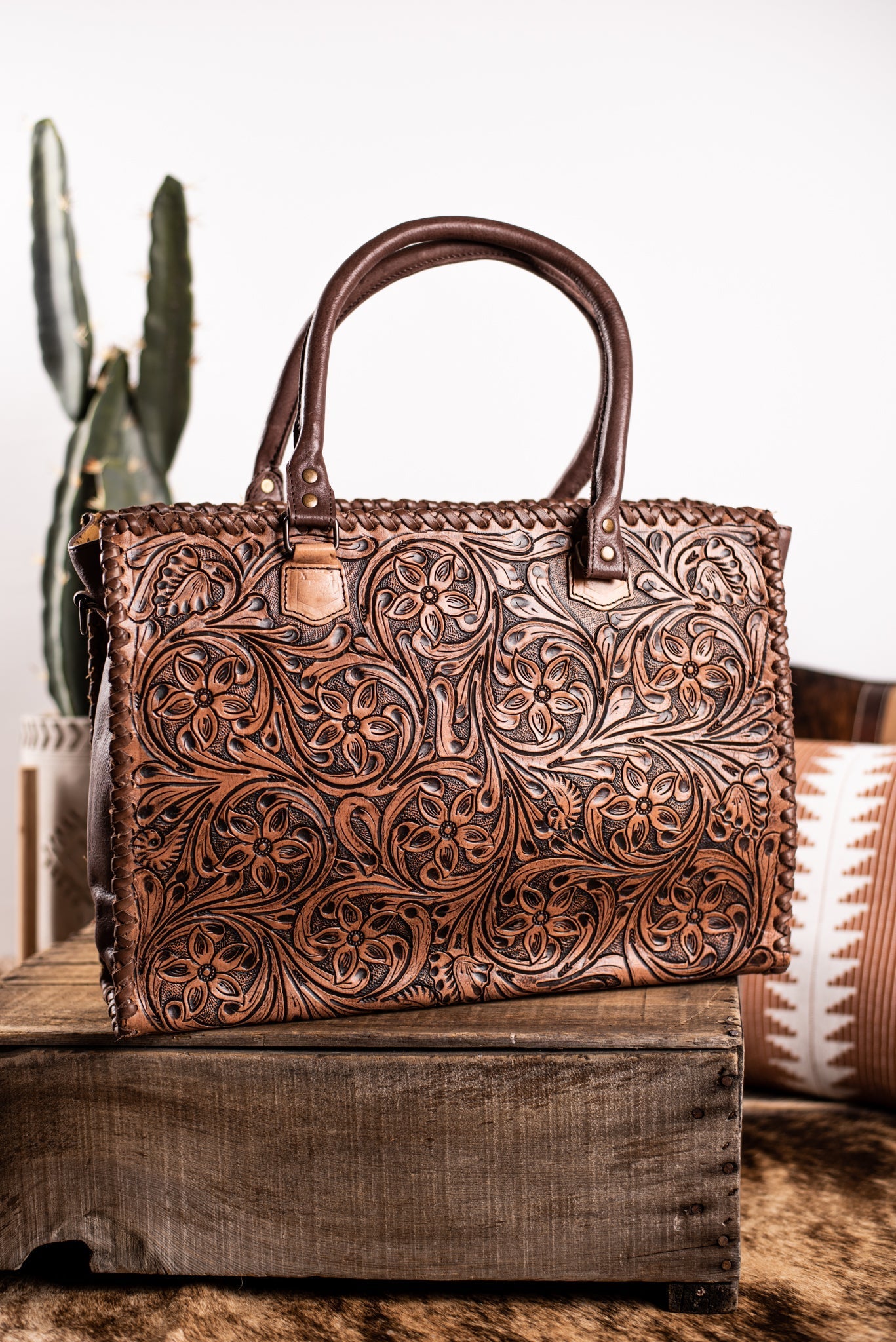 The Barbosa Floral Tooled Tote - Light Brown
