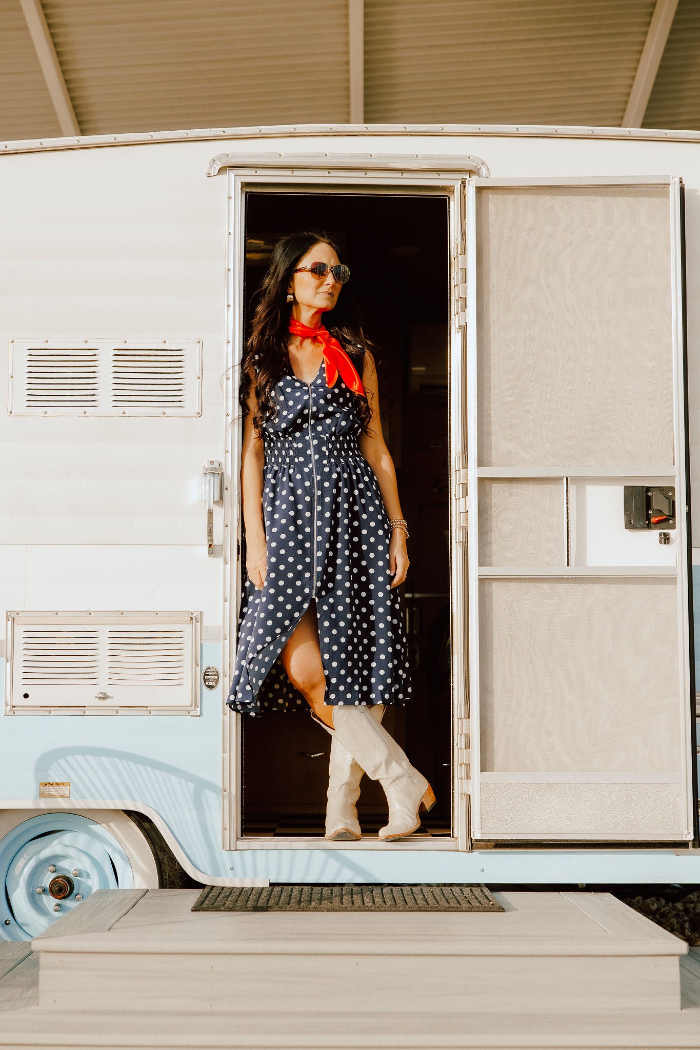 Navy and white polka dot dress