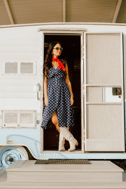 Navy and white polka dot dress