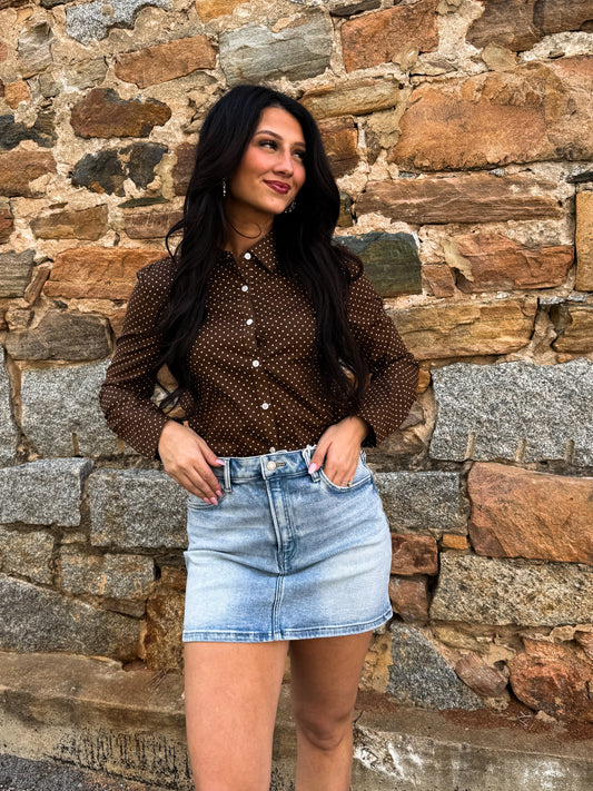 Brown and white polka dot button down