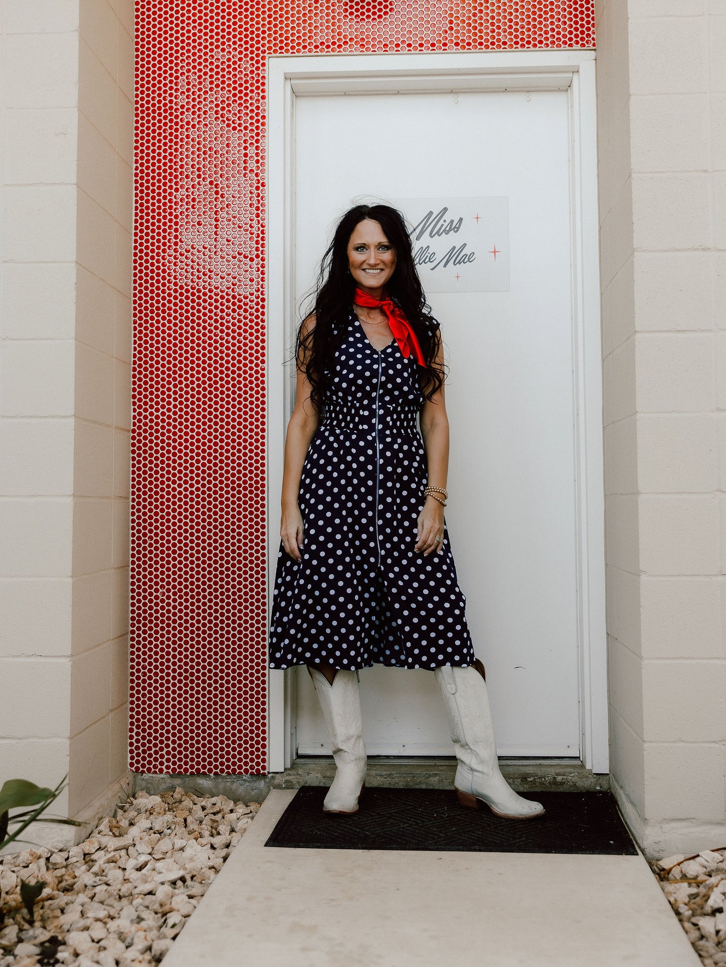 Navy and white polka dot dress