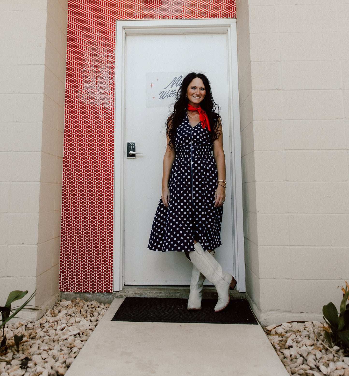 Navy and white polka dot dress