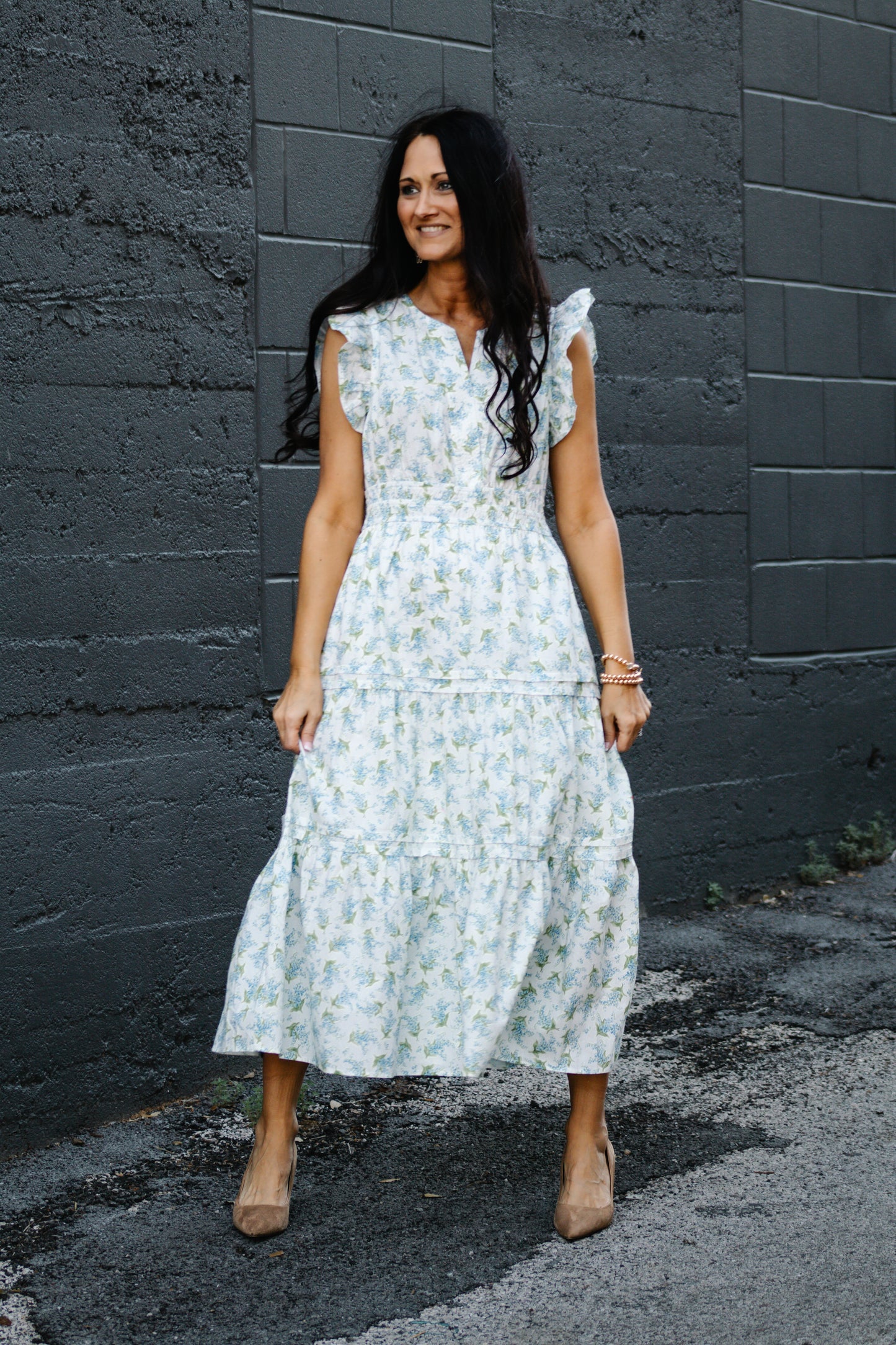 She+Sky Blue Floral Tiered Dress