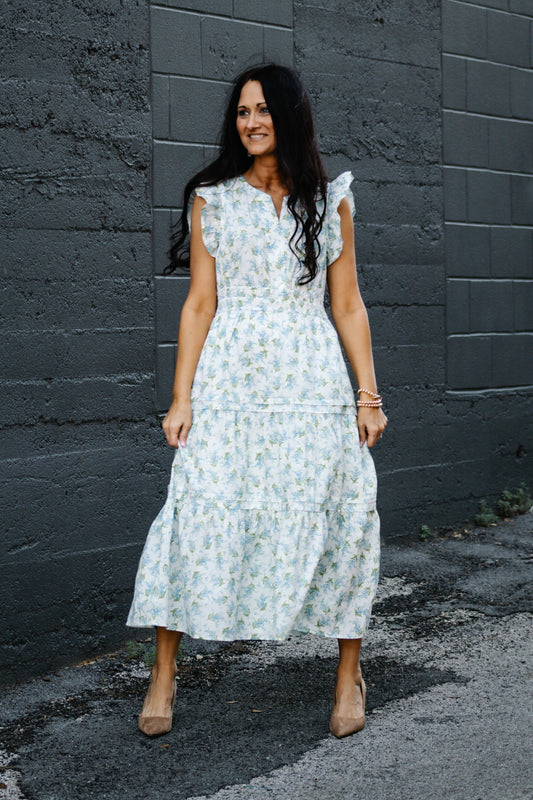 She+Sky Blue Floral Tiered Dress