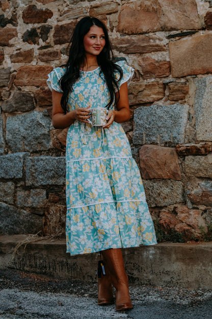 blue and yellow floral dress