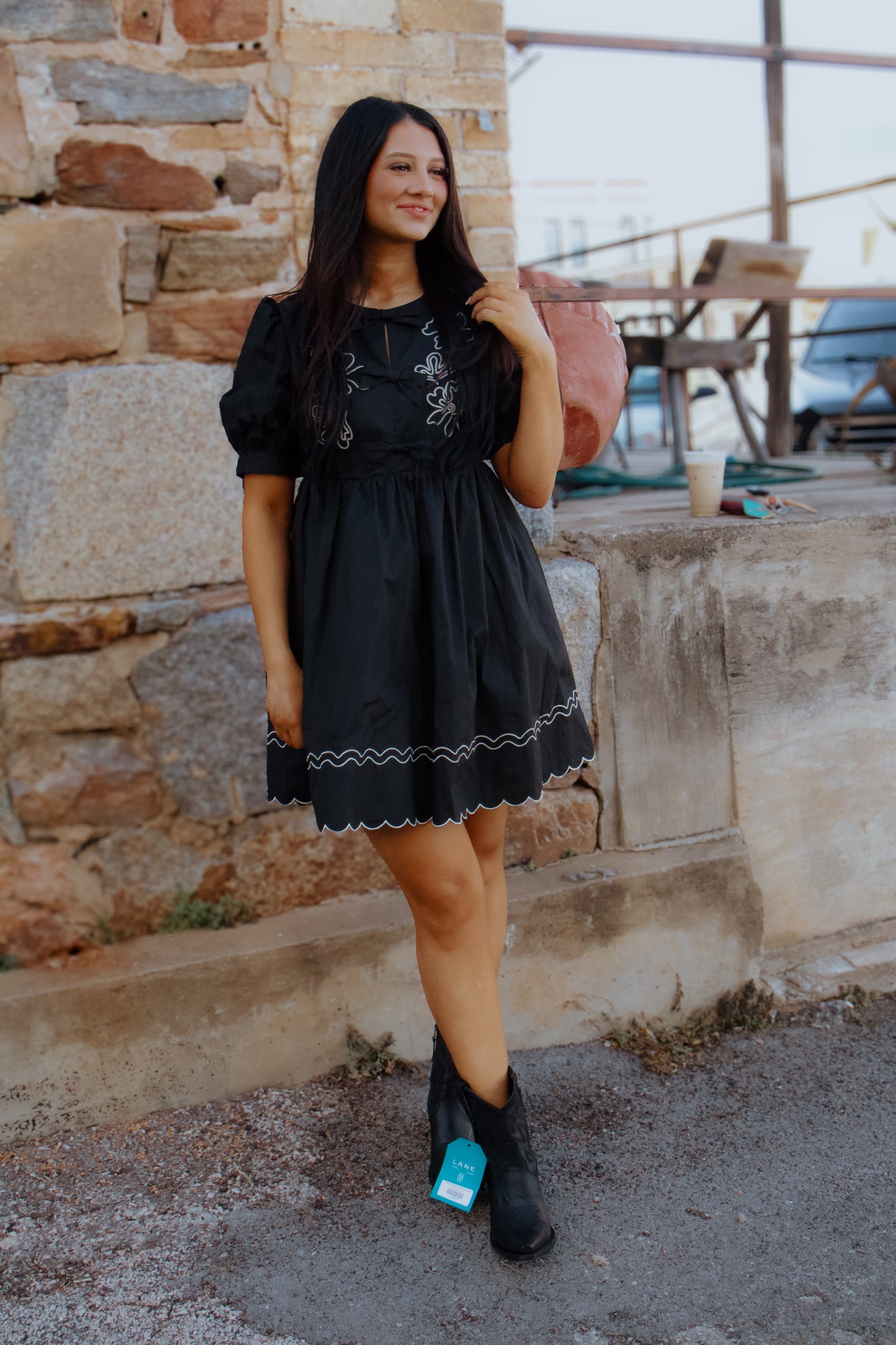 Black Floral and Scallop Dress