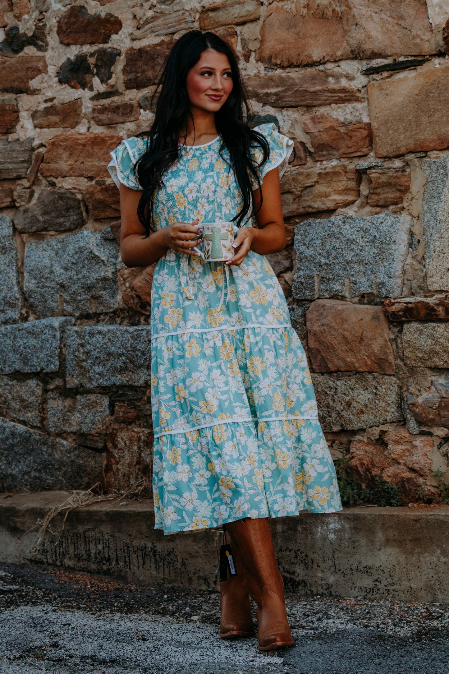 blue and yellow floral dress