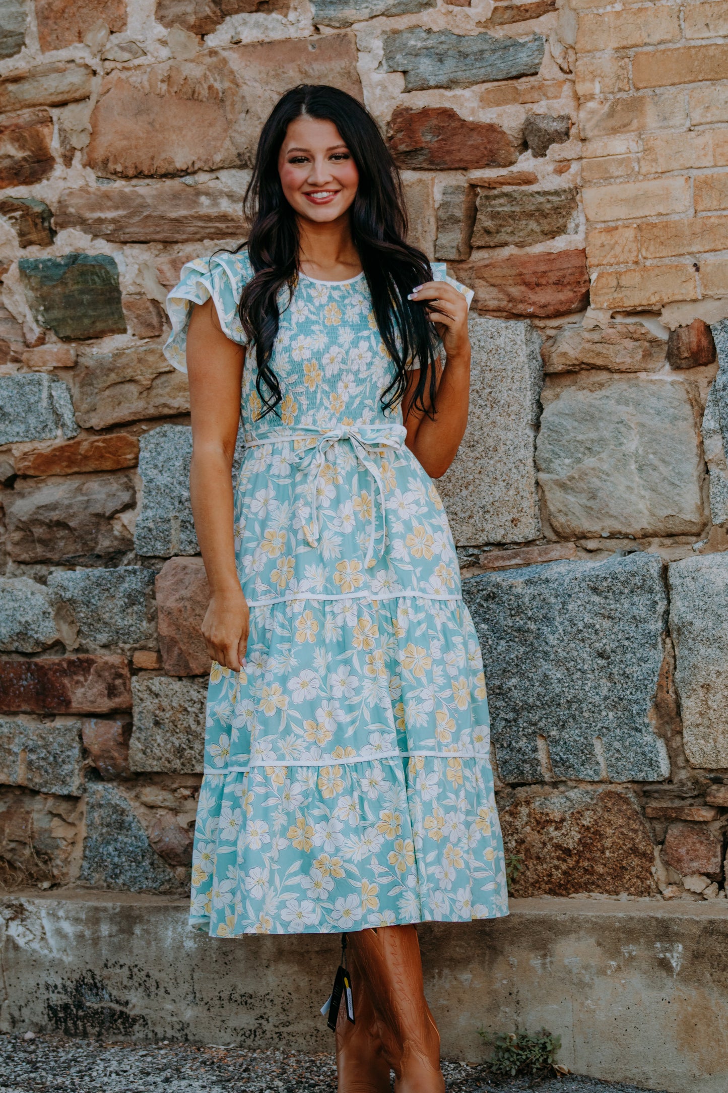 blue and yellow floral dress