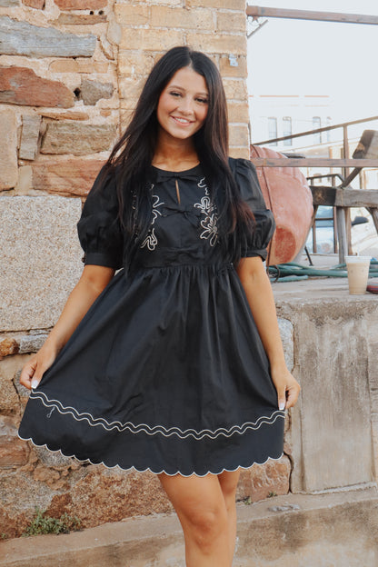 Black Floral and Scallop Dress