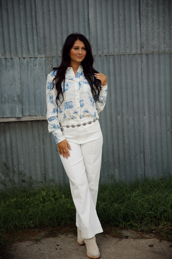 Stetson Women's Indigo Trail Print Pearl Snap Western Shirt