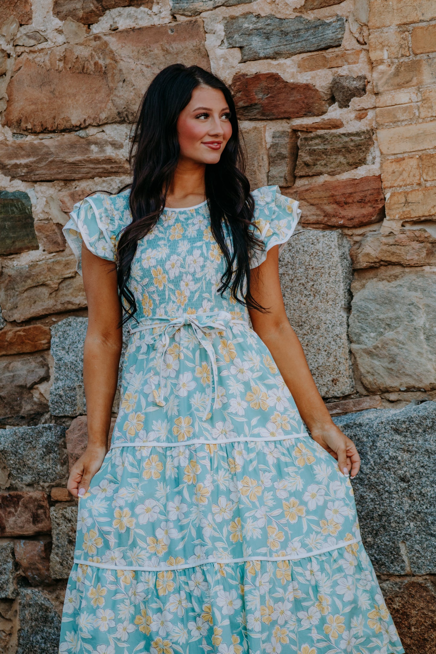blue and yellow floral dress