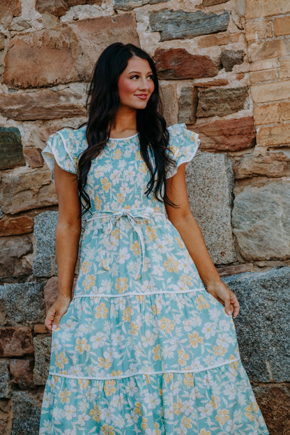 blue and yellow floral dress