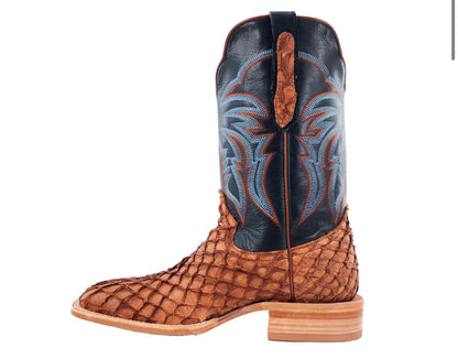 R Watson Men's Matte Cognac Pirarucu Square Toe Western Boots RW7802-2