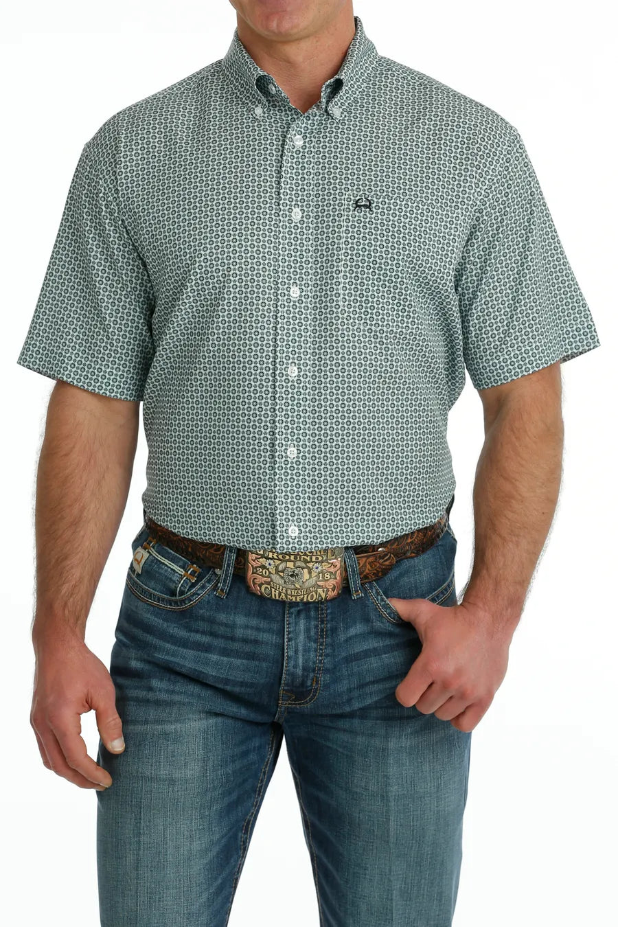 Cinch Men's Arena Flex Short Sleeve Button Down Print Shirt - White
