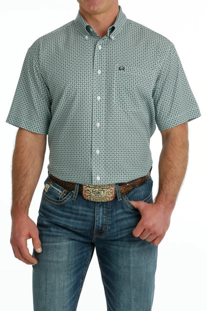 Cinch Men's Arena Flex Short Sleeve Button Down Print Shirt - White
