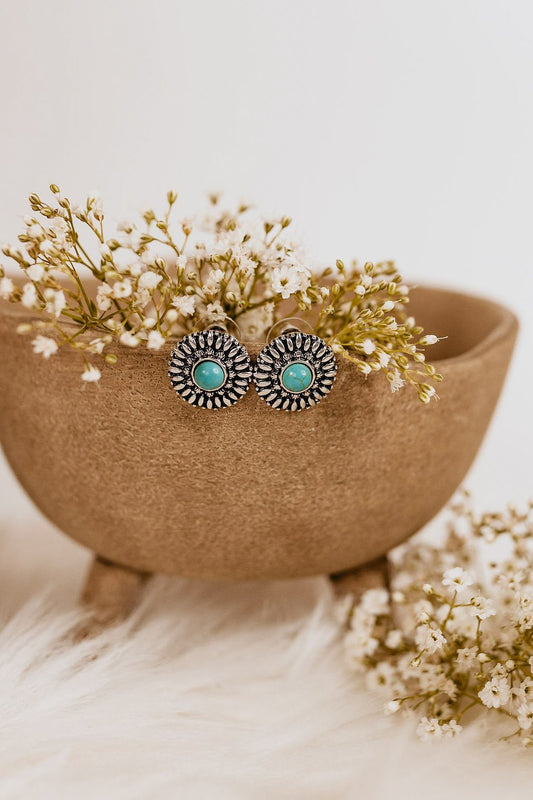Burnished Silver Flower Stud with Turquoise Accent